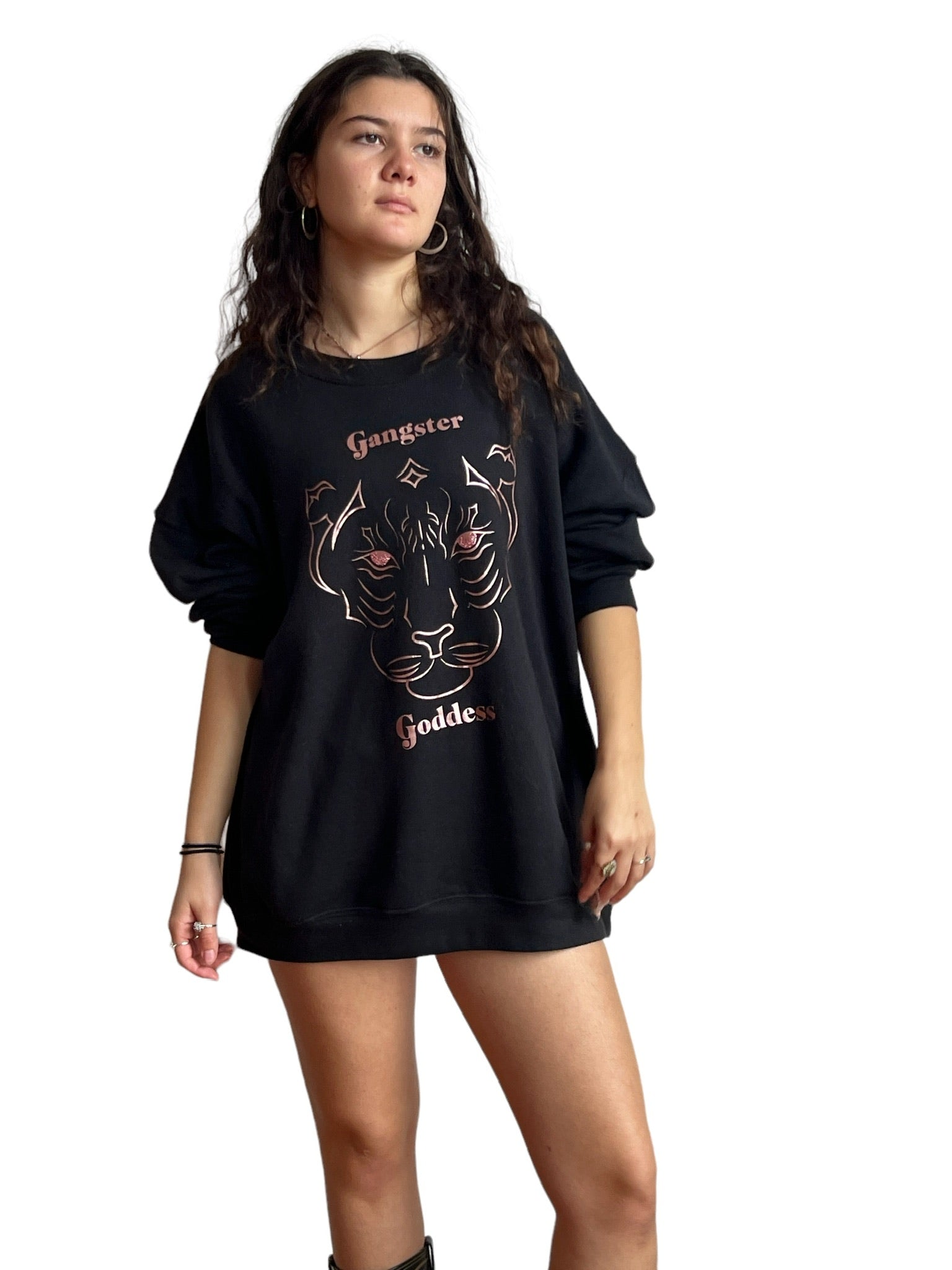 Imperial Tiger Oversized Unisex Crew Sweatshirt- Black/Rose Gold Metallic