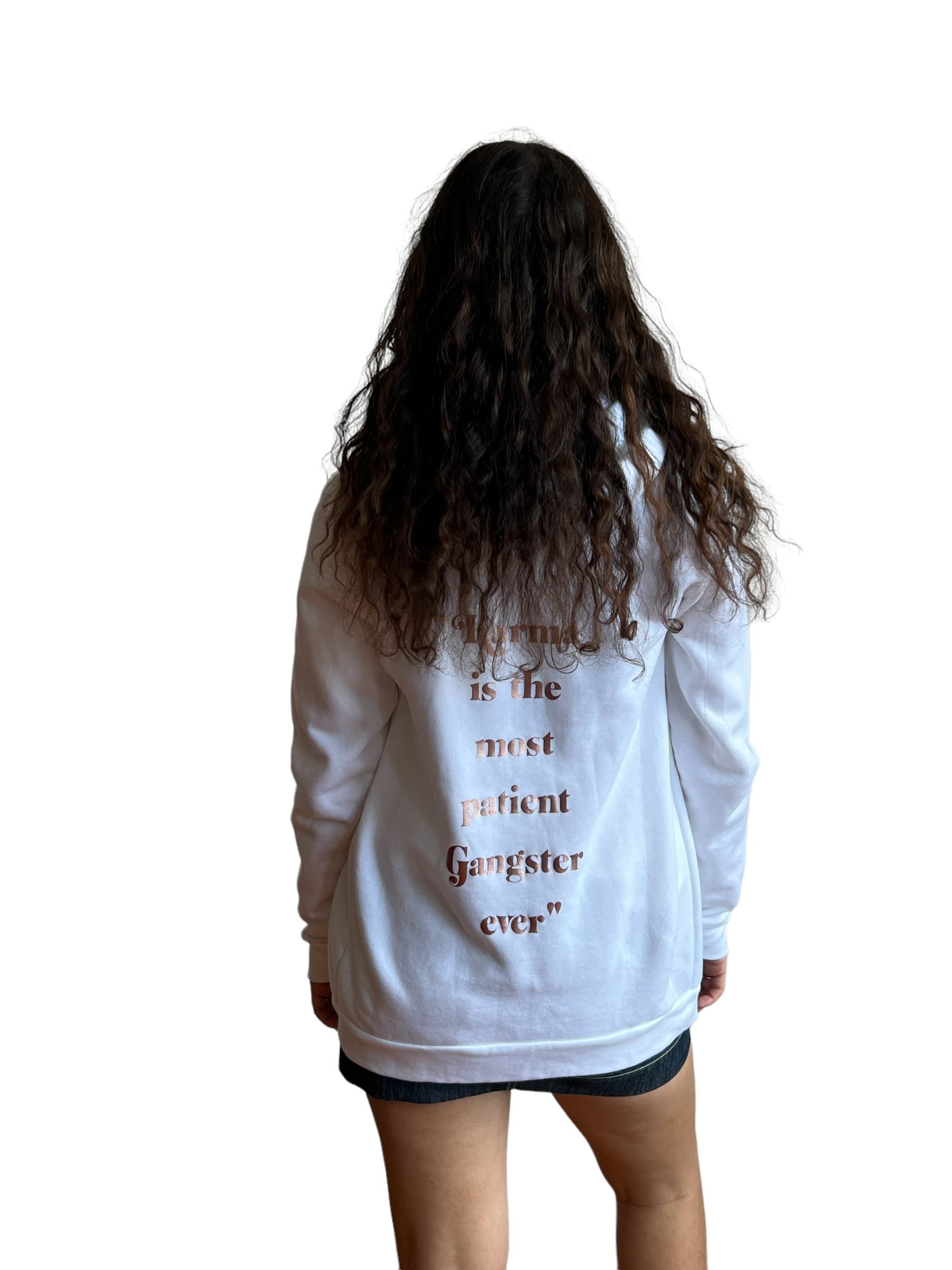 SSS "Karma is..."  Unisex Zip Hoodie-White/Rose Gold Metallic