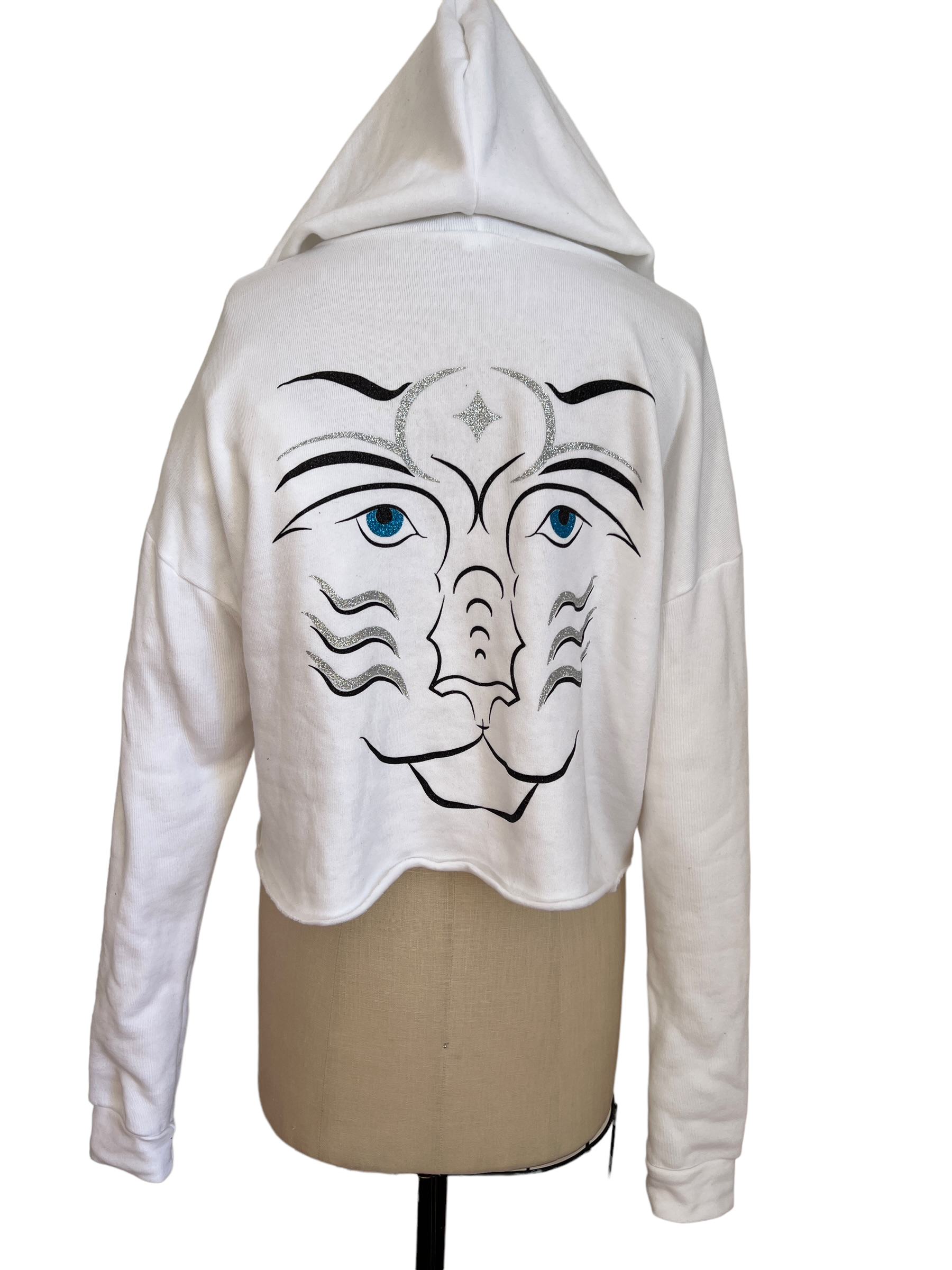 Royal Tiger Crop Hoodie SSS "Calm is..."-White/Silver Glitter