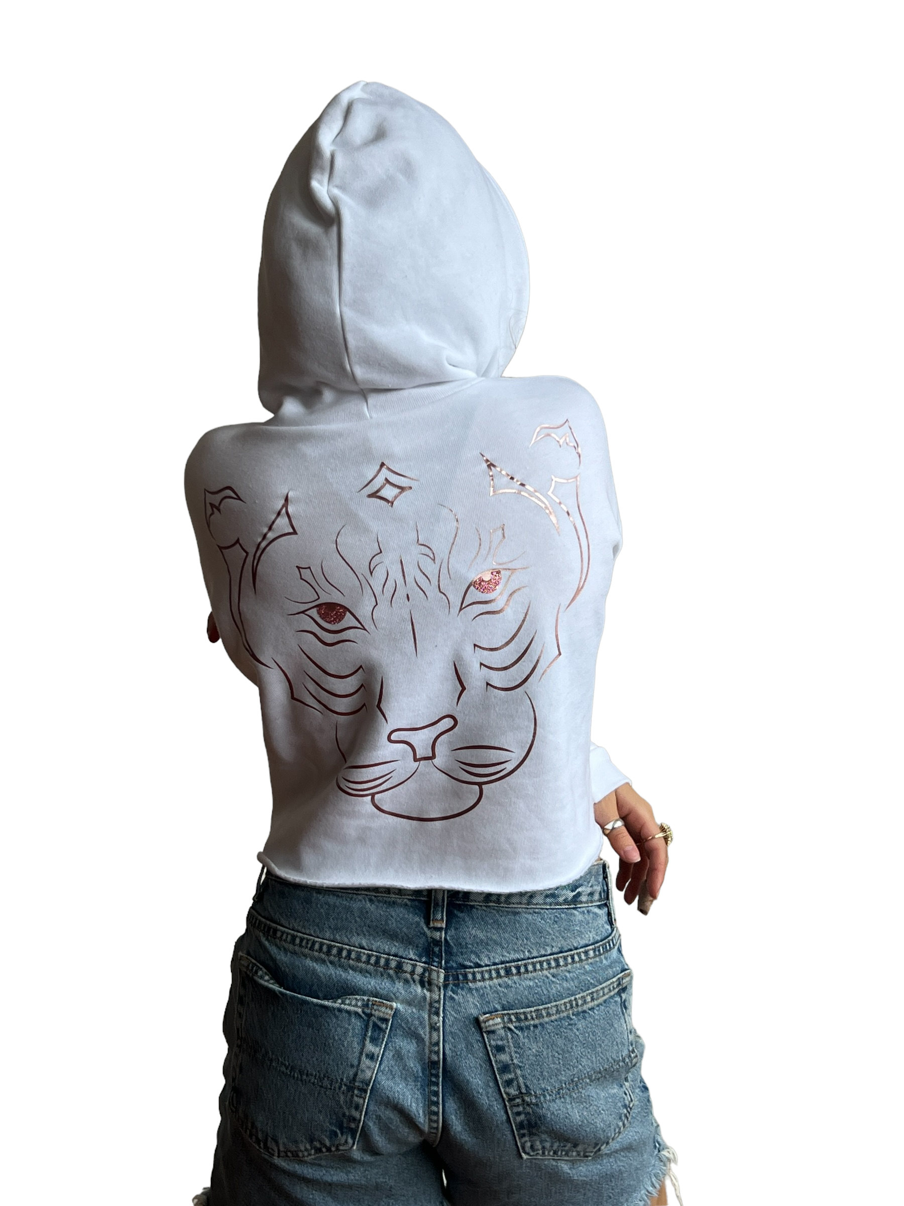 Imperial Tiger Crop Hoodie-White/Rose Gold Metallic