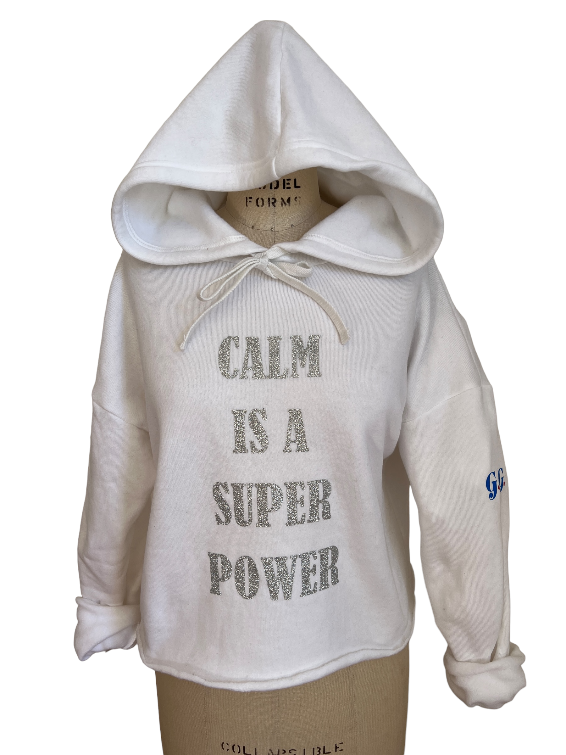 Royal Tiger Crop Hoodie SSS "Calm is..."-White/Silver Glitter