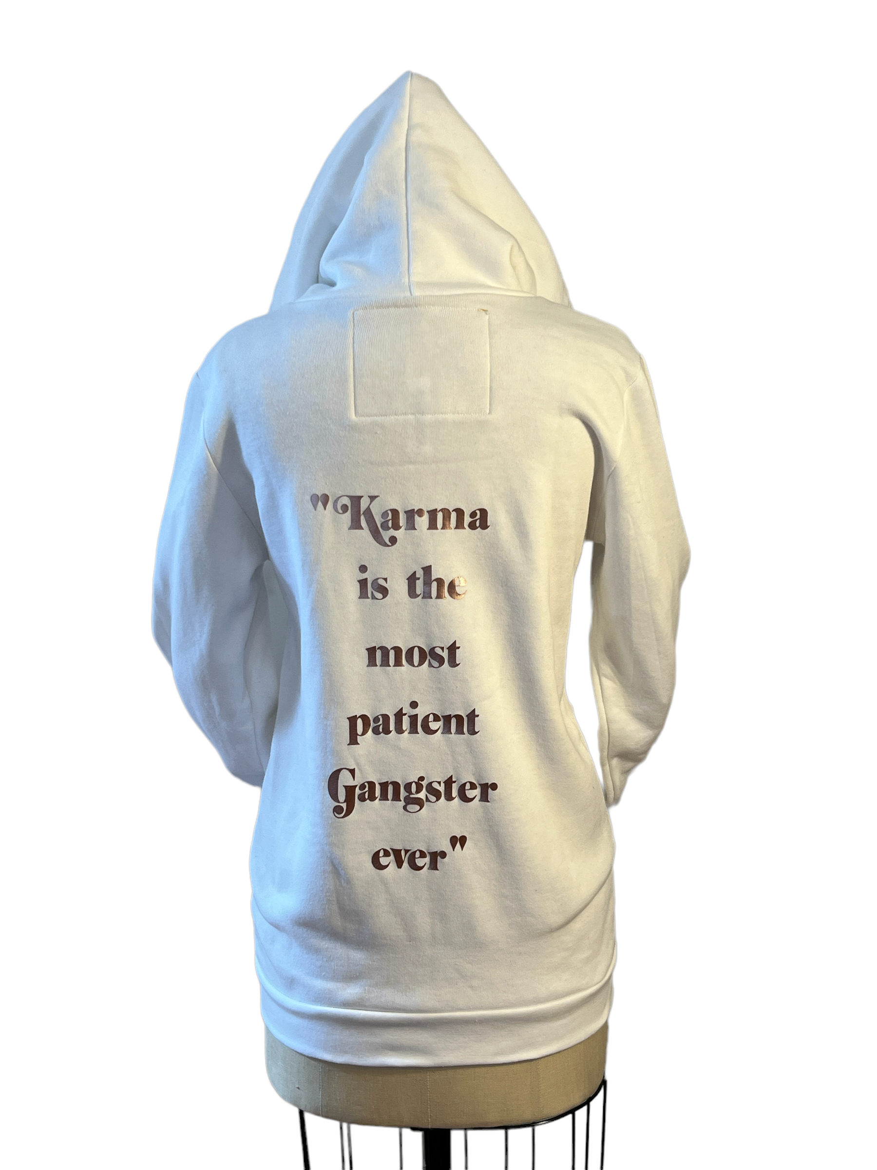 SSS "Karma is..."  Unisex Zip Hoodie-White/Rose Gold Metallic