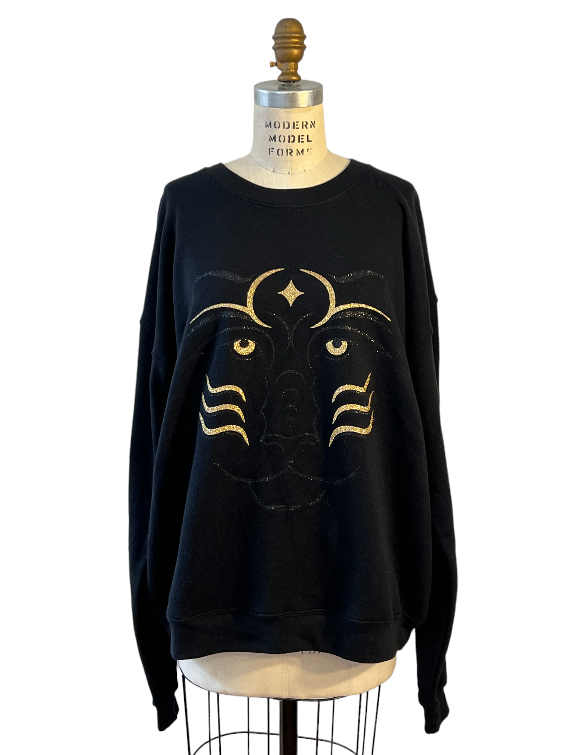 Royal Tiger Oversized Crew Unisex Sweatshirt-Black/Gold Glitter