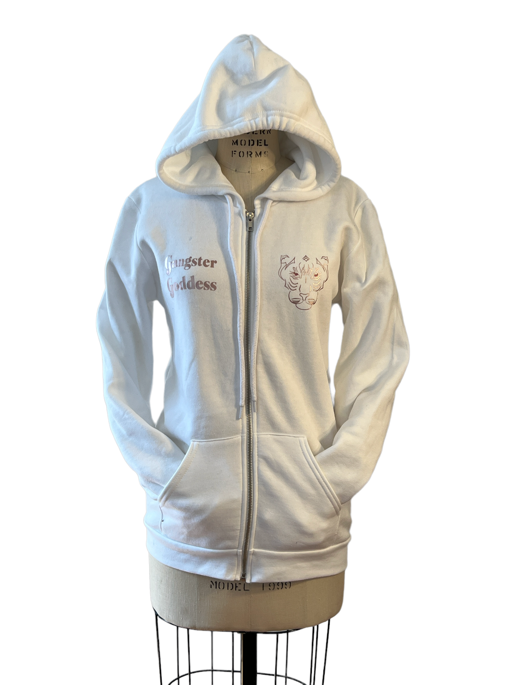 SSS "Karma is..."  Unisex Zip Hoodie-White/Rose Gold Metallic